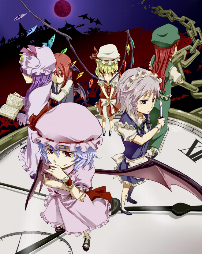 remilia scarlet, flandre scarlet, izayoi sakuya, patchouli knowledge, hong meiling, and 1 more (touhou) drawn by kuroda_(nanchara_flight)