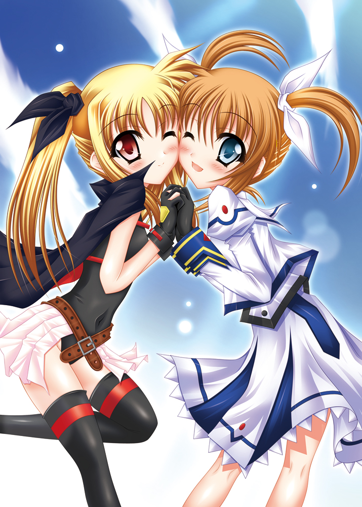 fate testarossa and takamachi nanoha (lyrical nanoha and 1 more) drawn by fukunaga_yukito