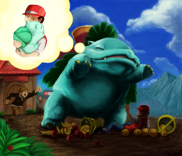 red, blue oak, bulbasaur, and venusaur (pokemon and 2 more) drawn by geregere_(lantern)