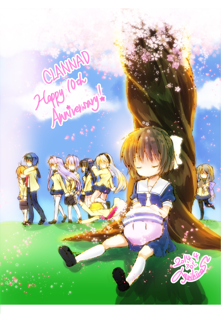 furukawa nagisa, fujibayashi kyou, ibuki fuuko, sakagami tomoyo, okazaki tomoya, and 4 more (clannad and 1 more) drawn by yuihira_asu