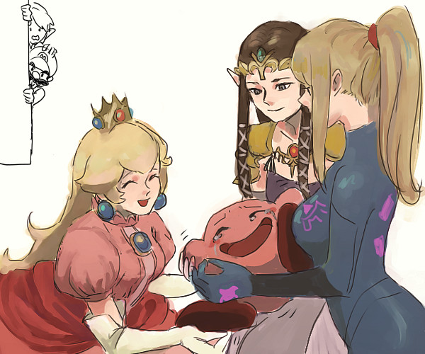 link, princess zelda, kirby, princess peach, samus aran, and 1 more (the legend of zelda and 5 more) drawn by 69_(mainichinemutai09)