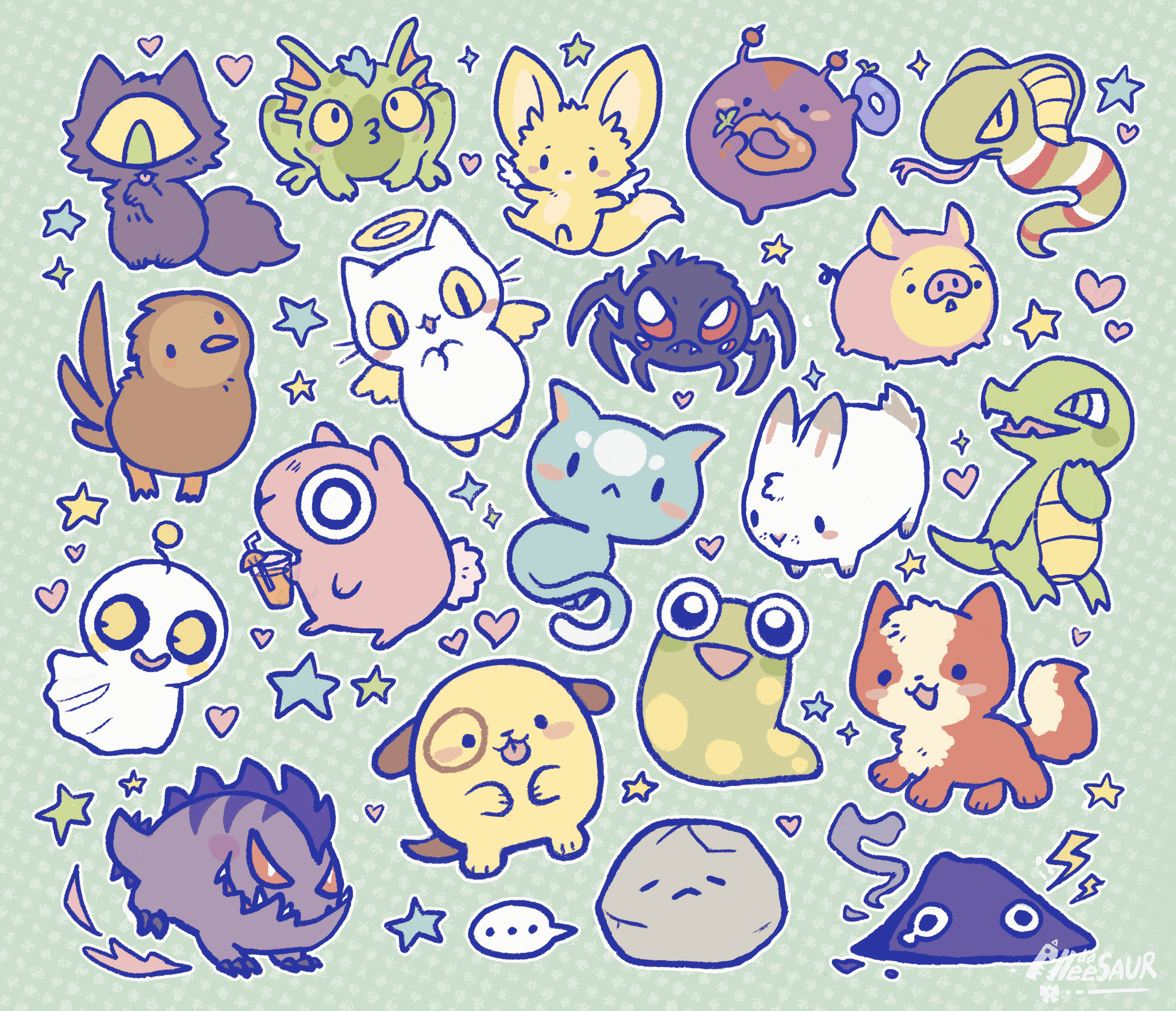 faellie, meowclops, krawk, angelpuss, meepit, and 15 more (neopets) drawn by alleesaur