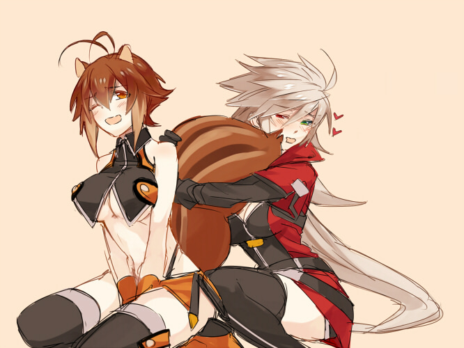 makoto nanaya, ragna the bloodedge, and alpha-01 (blazblue) drawn by tomo_(tomorag7)