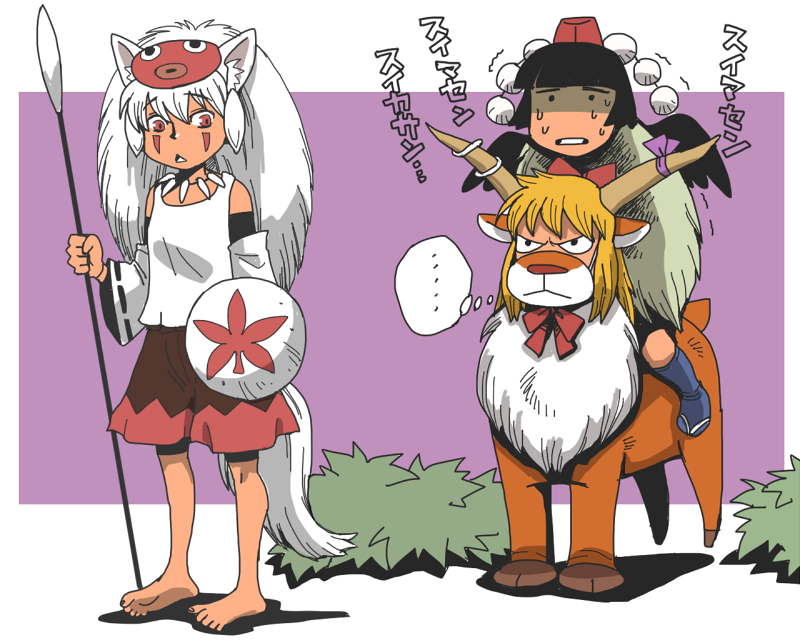 shameimaru aya, inubashiri momiji, ibuki suika, san, ashitaka, and 1 more (touhou and 1 more) drawn by onikobe_rin