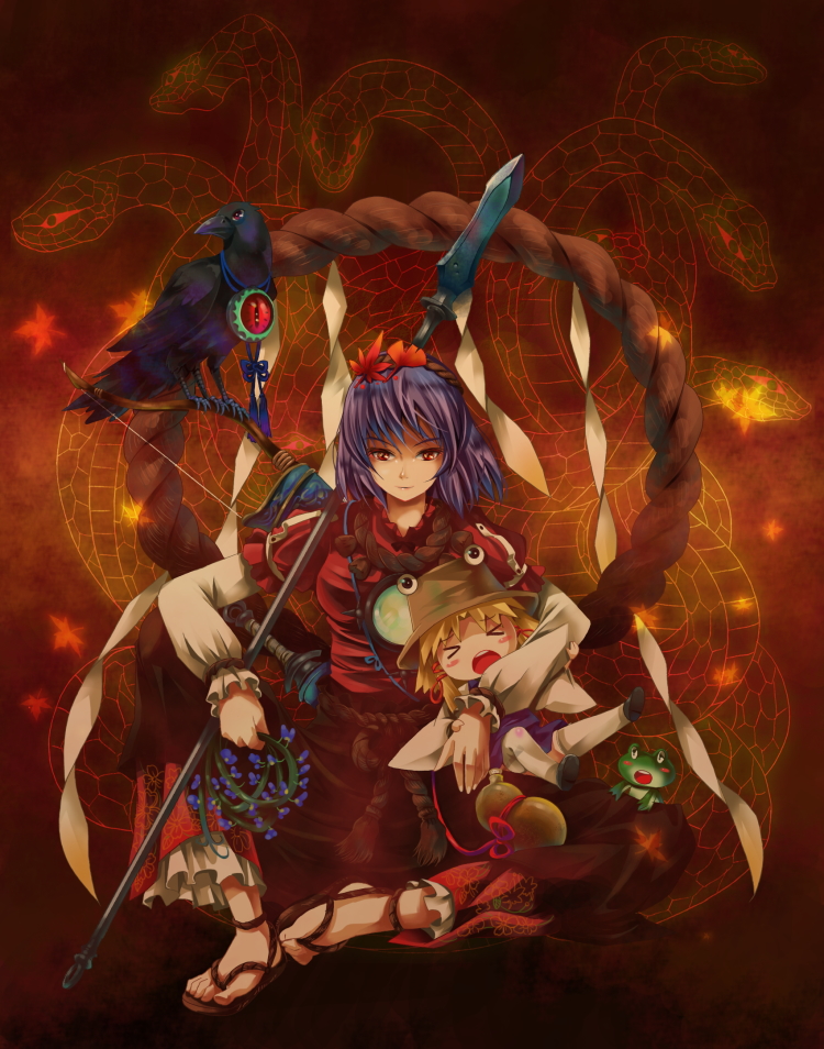 moriya suwako, reiuji utsuho, yasaka kanako, yamata no orochi, and yata garasu (touhou) drawn by michii_yuuki