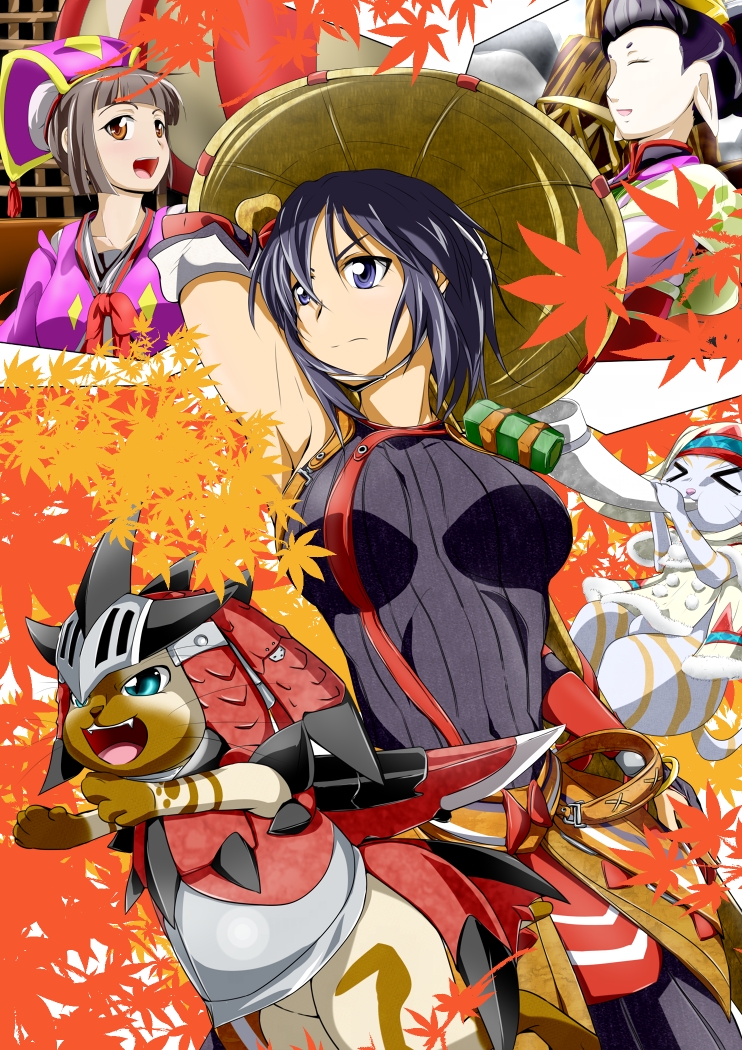 monster hunter, player palico, konaha, and yukumo village elder (monster hunter and 1 more) drawn by mun
