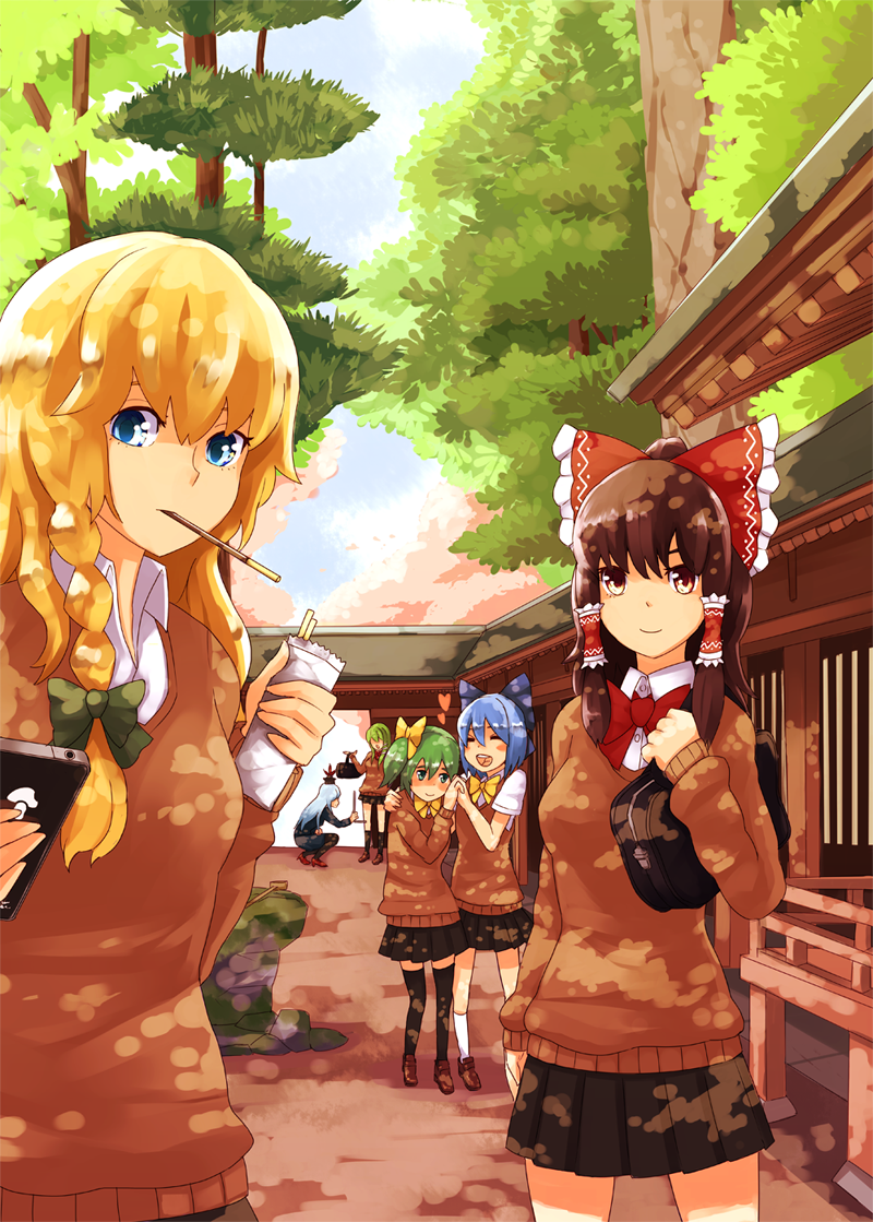 hakurei reimu, kirisame marisa, kochiya sanae, cirno, kamishirasawa keine, and 1 more (touhou) drawn by nosuku