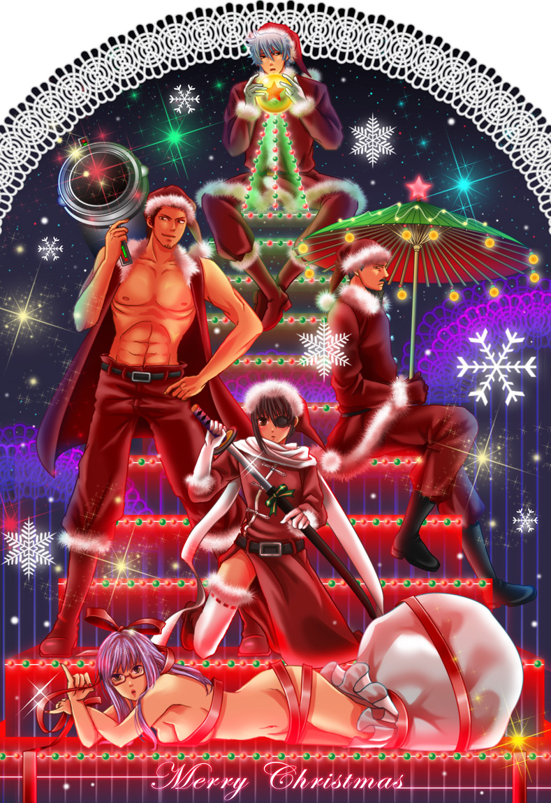 sakata gintoki, yagyuu kyuubei, sarutobi ayame, kondou isao, and umibouzu (gintama) drawn by eriyama