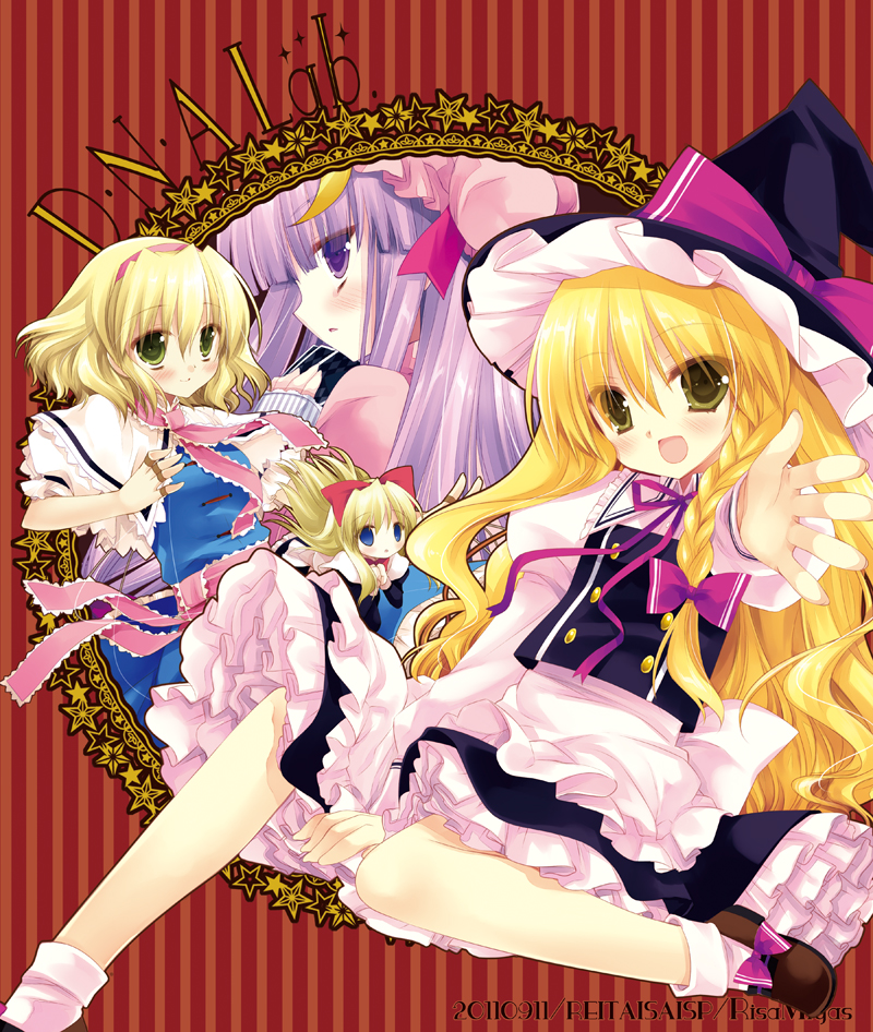 kirisame marisa, alice margatroid, patchouli knowledge, and shanghai doll (touhou) drawn by miyasu_risa