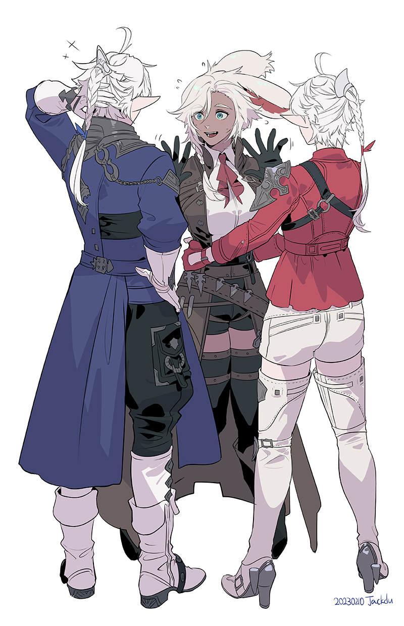 warrior of light, alisaie leveilleur, alphinaud leveilleur, and tewa (final fantasy and 1 more) drawn by byuub