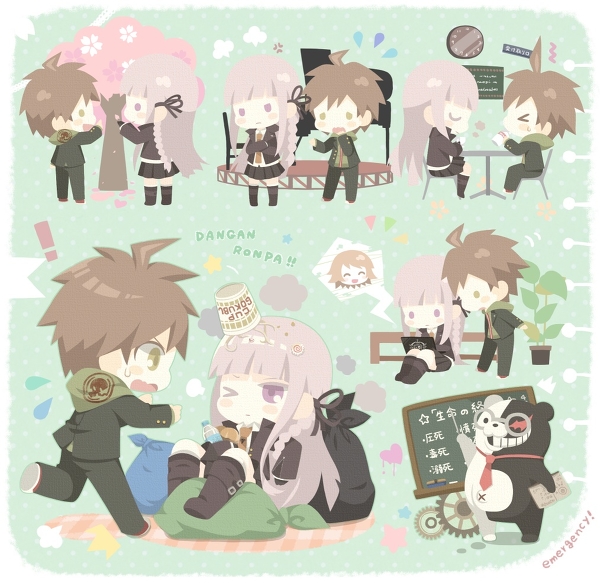 kirigiri kyoko, monokuma, naegi makoto, fujisaki chihiro, and alter ego (danganronpa and 1 more) drawn by ticktack_chicken