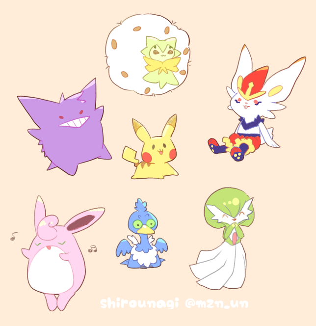 pikachu, gardevoir, gengar, cinderace, wigglytuff, and 2 more (pokemon and 1 more) drawn by mzn_un