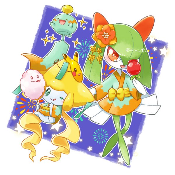 pikachu, kirlia, jirachi, chimecho, and swirlix (pokemon) drawn by aimi_(aimia492)