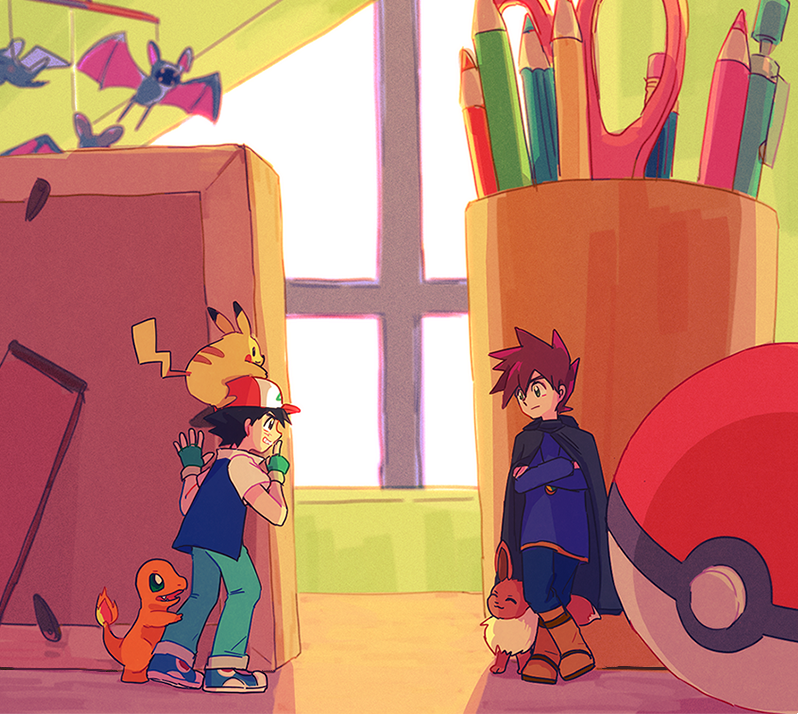 pikachu, ash ketchum, eevee, charmander, zubat, and 1 more (pokemon) drawn by itome_(funori1)