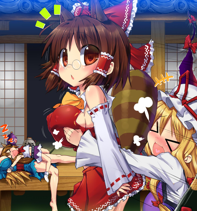 hakurei reimu, yakumo yukari, ibuki suika, hoshiguma yuugi, and futatsuiwa mamizou (touhou) drawn by shigeryun