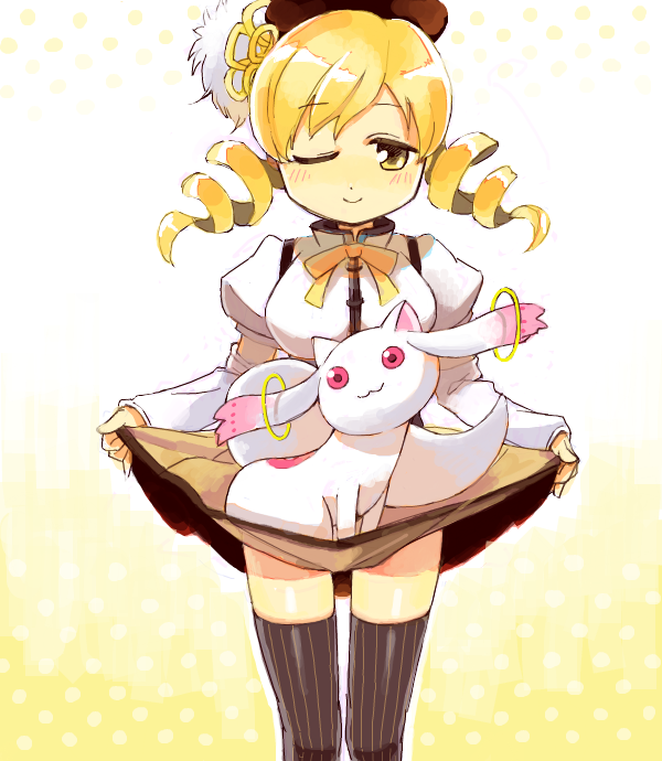tomoe mami and kyubey (mahou shoujo madoka magica) drawn by meke_(mekepon)