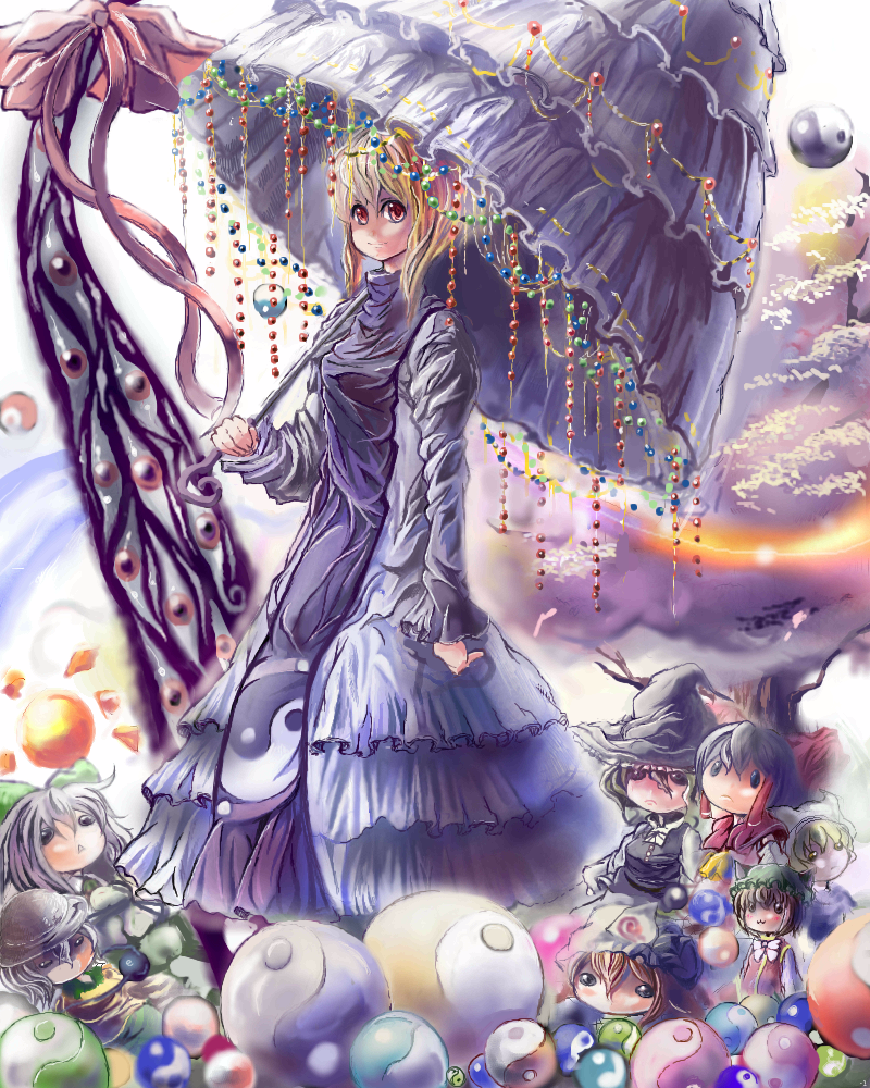 hakurei reimu, kirisame marisa, komeiji koishi, yakumo yukari, saigyouji yuyuko, and 3 more (touhou) drawn by smison
