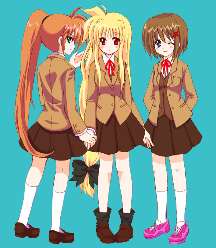 fate testarossa, takamachi nanoha, and yagami hayate (lyrical nanoha and 2 more) drawn by mekimeki