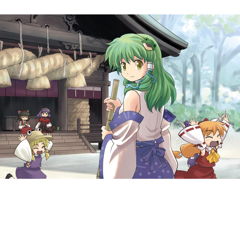 hakurei reimu, kochiya sanae, moriya suwako, ibuki suika, and yasaka kanako (touhou) drawn by haniwa_(leaf_garden)