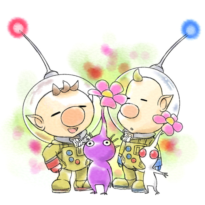 olimar, purple pikmin, white pikmin, and louie (pikmin) drawn by naru_(wish_field)