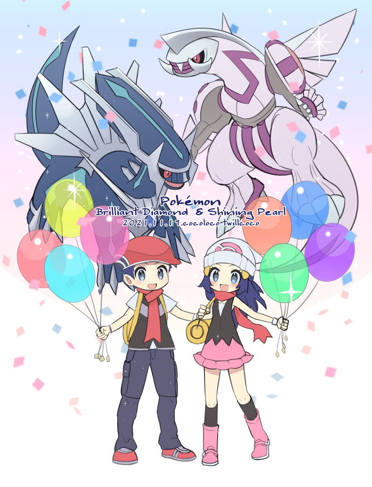dawn, lucas, dialga, and palkia (pokemon and 1 more) drawn by cocoloco