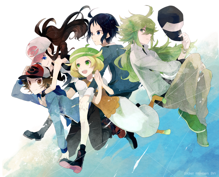 hilda, hilbert, n, bianca, and cheren (pokemon and 1 more) drawn by hou_(ppo)
