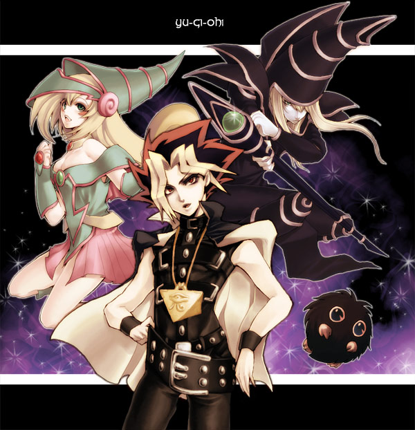 dark magician girl, muto yugi, yami yugi, dark magician, and kuriboh (yu-gi-oh! and 1 more) drawn by beniharu_(kisou)