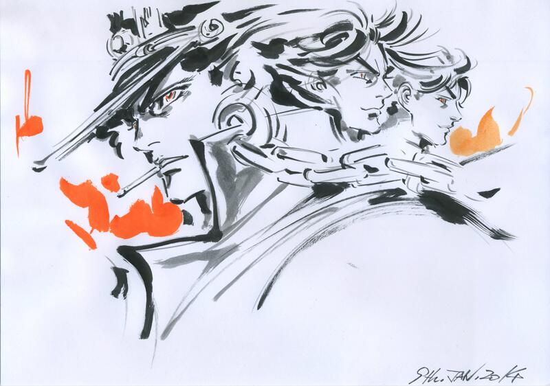 joseph joestar, kujo jotaro, and jonathan joestar (jojo no kimyou na bouken and 3 more) drawn by hayama_jun'ichi