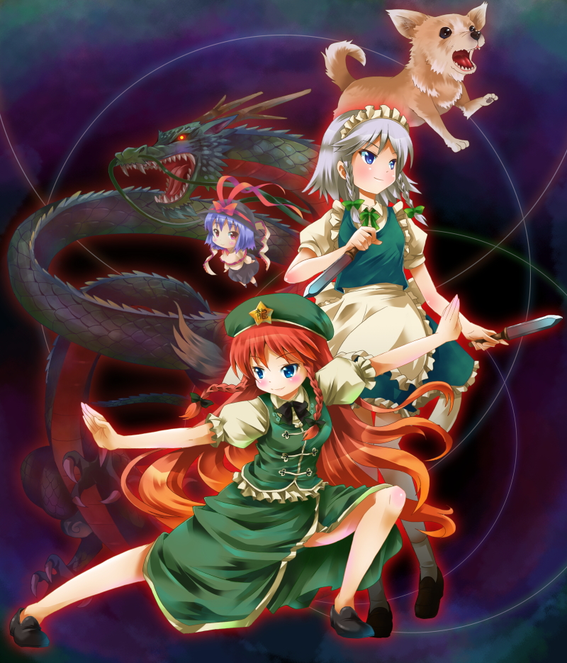 izayoi sakuya, hong meiling, and nagae iku (touhou) drawn by michii_yuuki