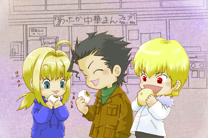 artoria pendragon, saber, diarmuid ua duibhne, and gilgamesh (fate and 1 more) drawn by bc_vo-k