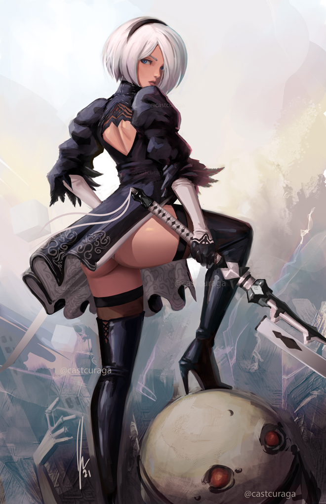 2b and machine (nier and 1 more) drawn by justin_paul