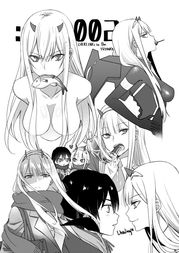 zero two and hiro (darling in the franxx) drawn by haikimono_shounen