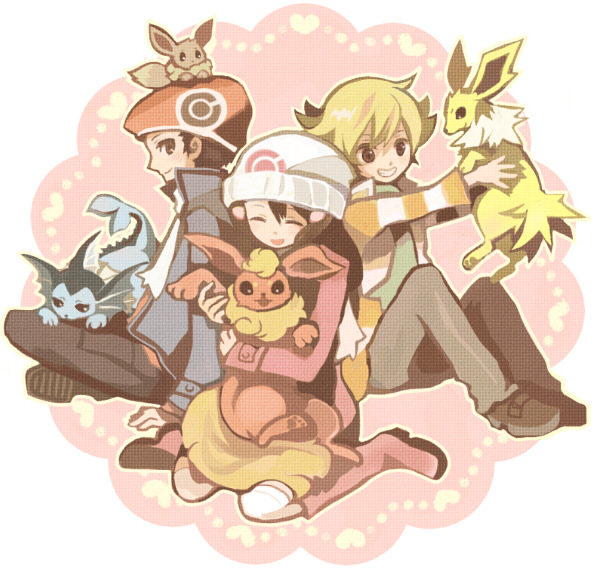 dawn, eevee, vaporeon, flareon, lucas, and 2 more (pokemon and 2 more) drawn by tasuku_(bixbite)