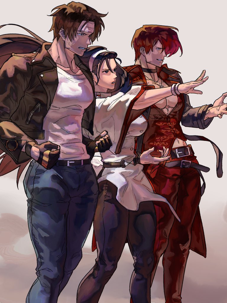 yagami iori, kusanagi kyou, and kagura chizuru (the king of fighters and 1 more) drawn by syachiiro