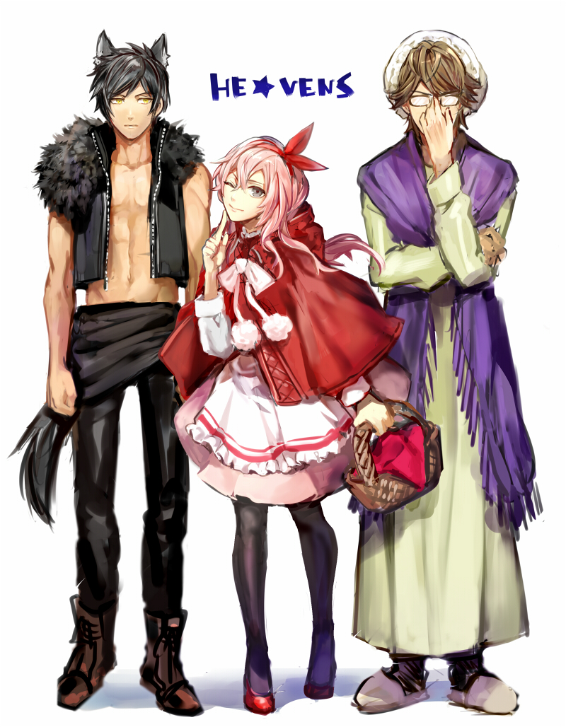 little red riding hood, big bad wolf, mikado nagi, grandmother, sumeragi kira, and 1 more (little red riding hood and 2 more) drawn by logi_bunbukucha