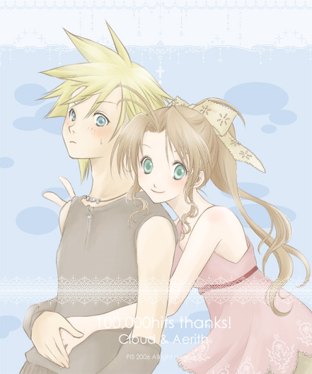 cloud strife and aerith gainsborough (final fantasy and 2 more) drawn by poyon