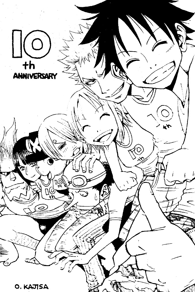 nami, monkey d. luffy, nico robin, roronoa zoro, sanji, and 3 more (one piece) drawn by kajisa_osamu