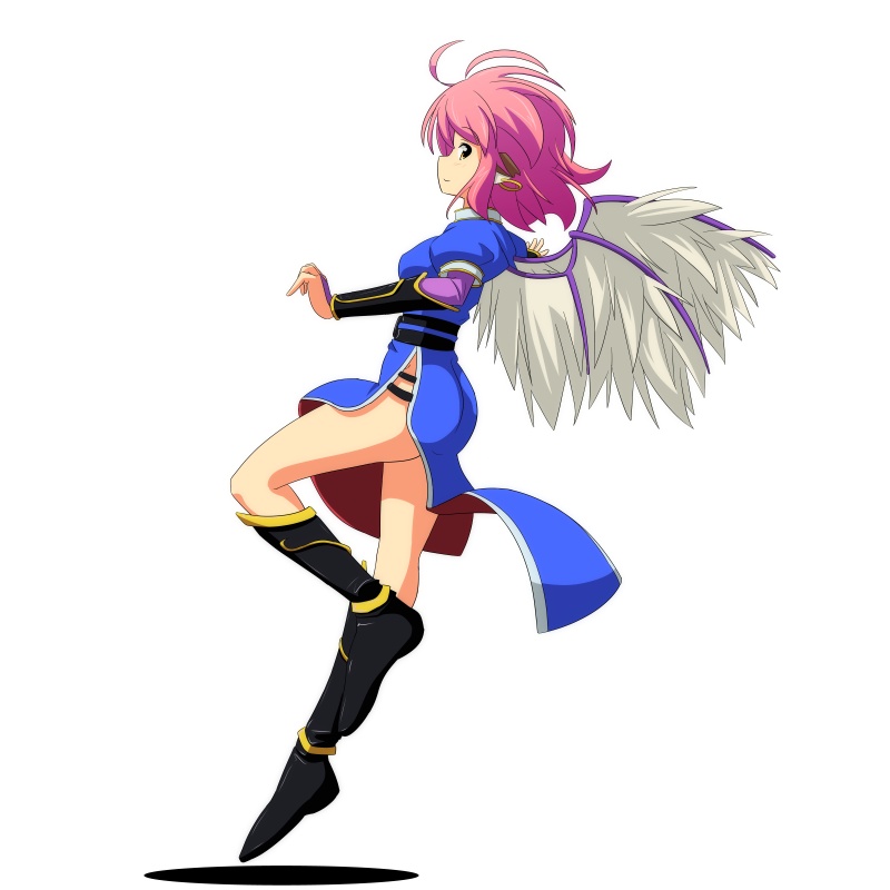 1girl animal_ears black_boots blue_hair boots breath_of_fire breath_of_fire_ii bridal_gauntlets brown_eyes cato_(monocatienus) china_dress chinese_clothes cosplay earrings gauntlets jewelry knee_boots mystia_lorelei nina_(breath_of_fire_ii) nina_(breath_of_fire_ii)_(cosplay) pink_hair profile puffy_sleeves short_sleeves side_slit simple_background single_earring solo touhou white_background wings