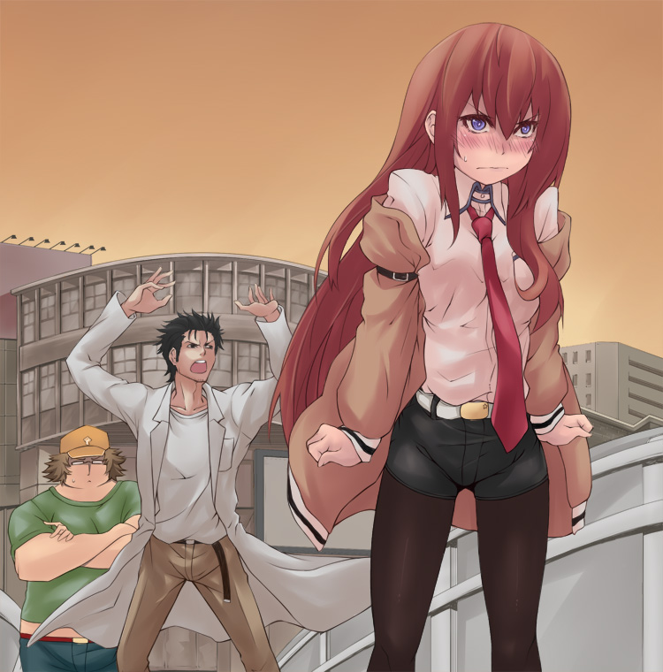 makise kurisu, okabe rintarou, and hashida itaru (steins;gate) drawn by jiete