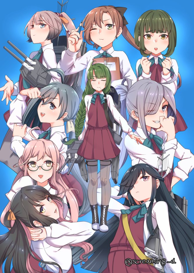 naganami, akigumo, kiyoshimo, makigumo, yuugumo, and 4 more (kantai collection) drawn by kyuuso_inukami