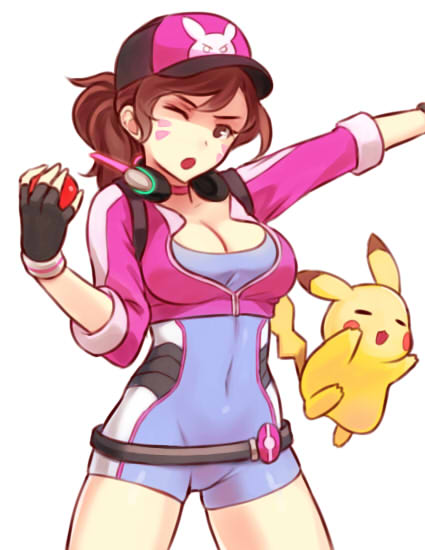 pikachu, d.va, and female protagonist (pokemon and 3 more) drawn by sieyarelow