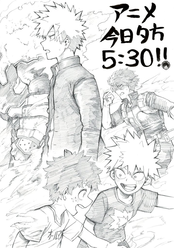 midoriya izuku, bakugou katsuki, todoroki shoto, and endeavor (boku no hero academia) drawn by koba_ayu038