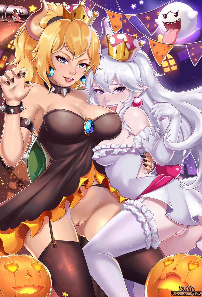 bowsette, princess king boo, boo, and banzai bill (mario and 2 more) drawn by exlic
