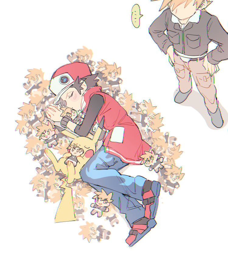 pikachu, red, blue oak, and red (pokemon and 2 more) drawn by
