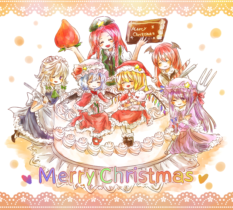 remilia scarlet, flandre scarlet, izayoi sakuya, patchouli knowledge, hong meiling, and 1 more (touhou) drawn by maru_usagi