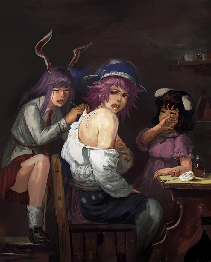 reisen udongein inaba, inaba tewi, and okunoda miyoi (touhou) drawn by amibazh