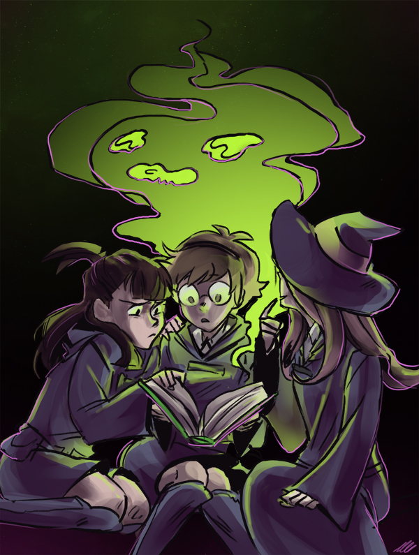 kagari atsuko, sucy manbavaran, and lotte jansson (little witch academia) drawn by ursula_gray