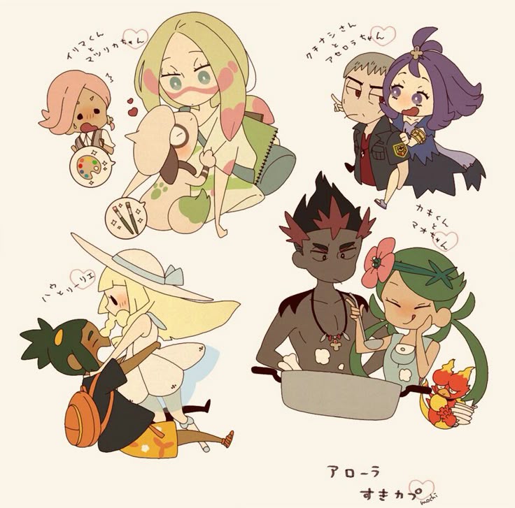 lillie, mallow, hau, acerola, kiawe, and 5 more (pokemon and 1 more) drawn by mochi730