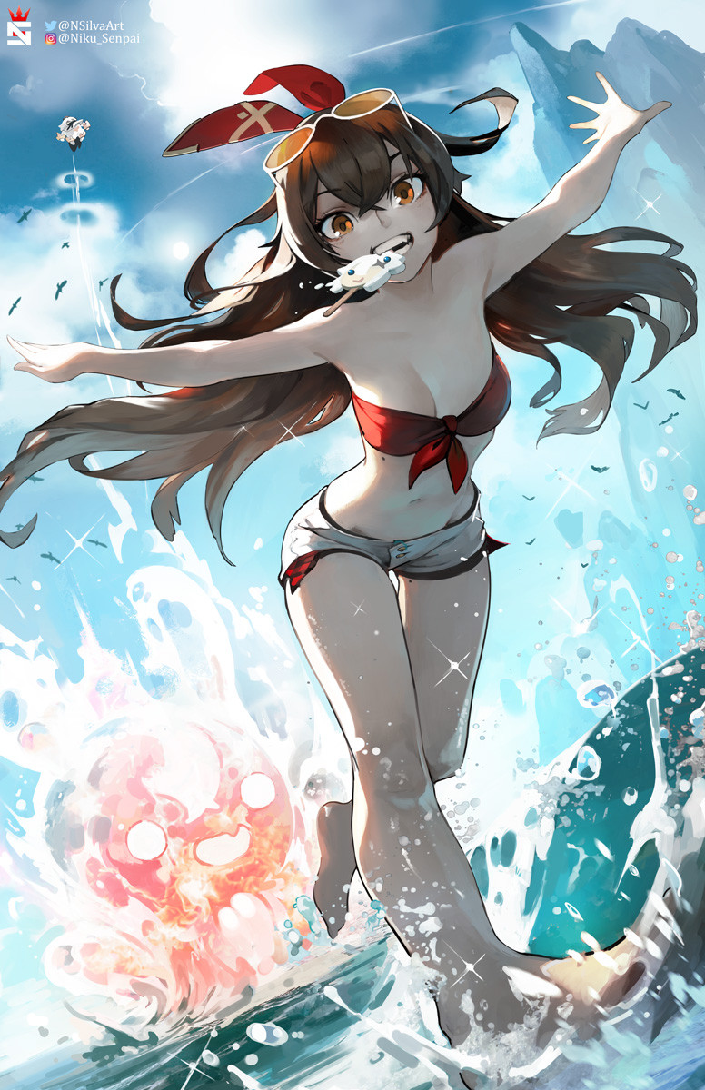 paimon, amber, and baron bunny (genshin impact) drawn by nikusenpai