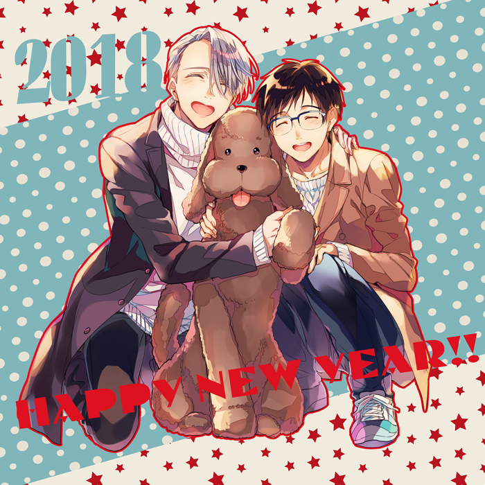 katsuki yuuri, viktor nikiforov, and makkachin (yuri!!! on ice) drawn by kuroemon